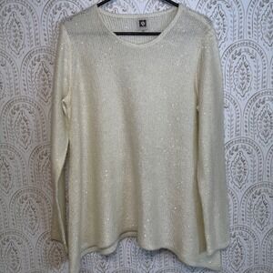 Anne Klein Womens XL Cream Sequin Metallic Shimmer Knit Sweater Long Sleeve Crew